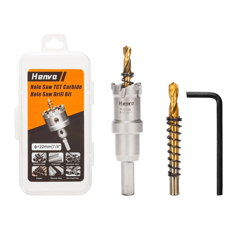 Henvo Hole Saw 7/8" (22mm) Heavy Duty Carbide with 2 Pilot Drill Bits - Metal Hole Cutter Cuts Stainless Steel, Iron, Copper, Brass, Plastic - Image 1